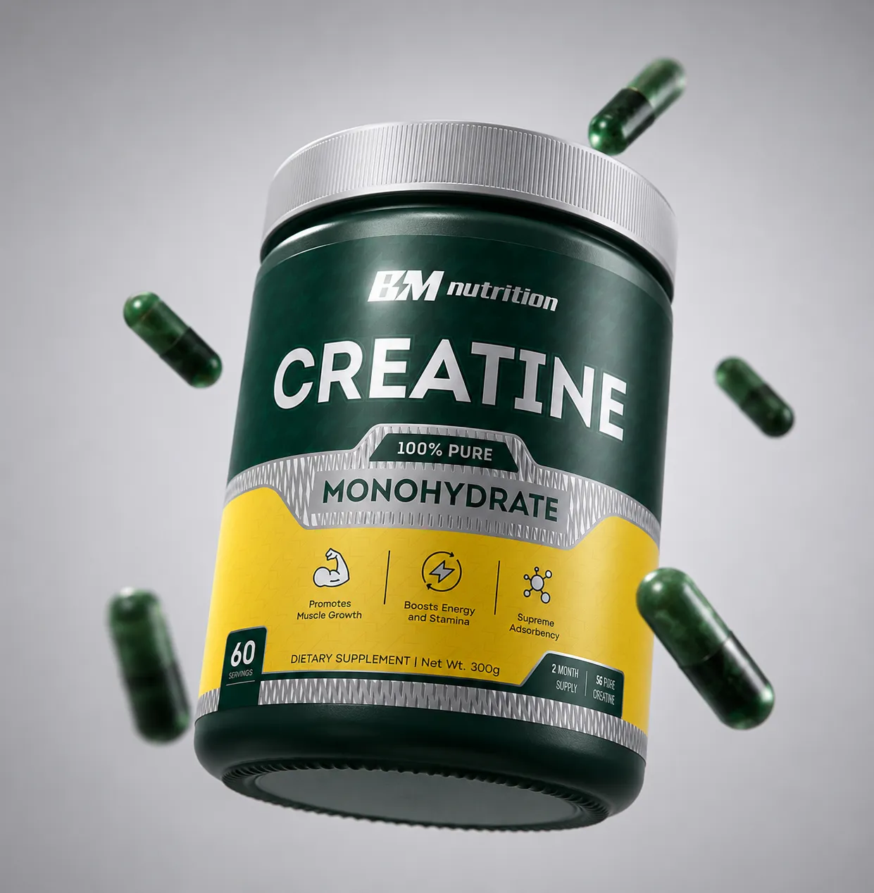Банка креатина BM Nutrition Creatine Monohydrate с рассыпанными капсулами